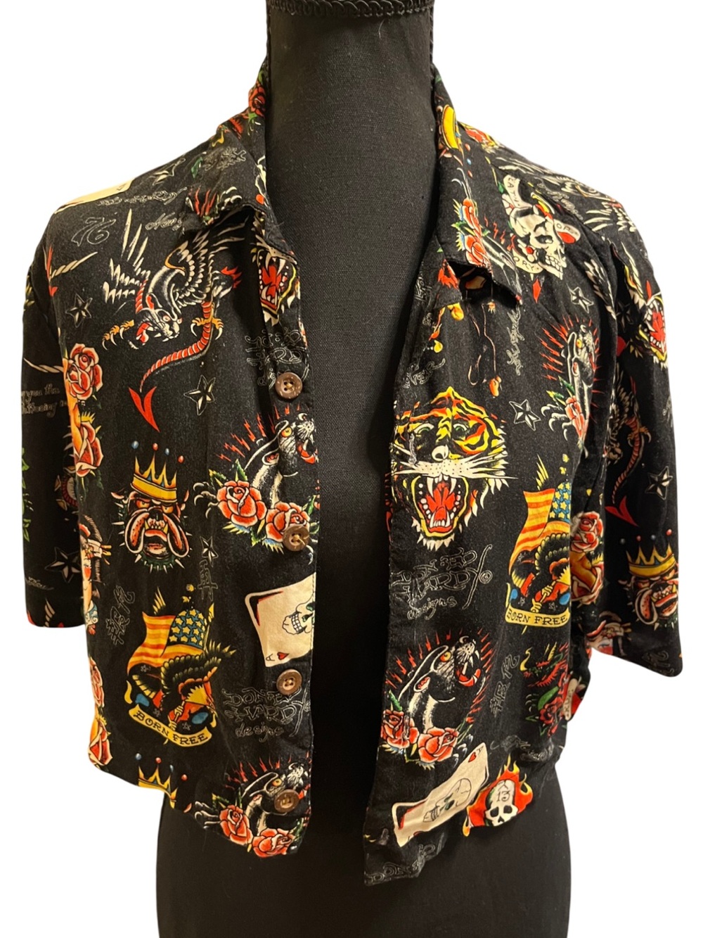 Ed Hardy Black Short-Sleeve Button-Down with Vintage Tattoo Motifs
